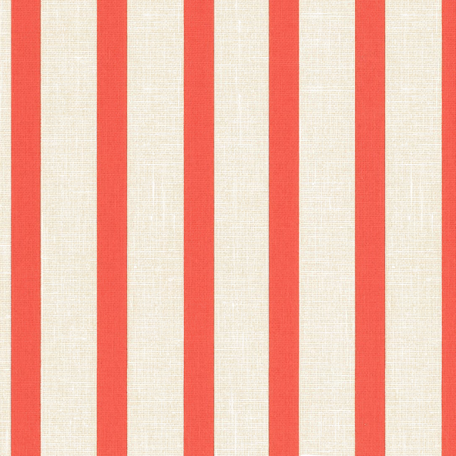 Geranium-red and ivory vertical stripe fabric with a fine woven texture