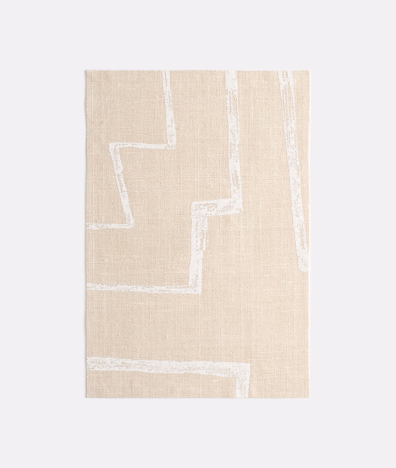 Warm caolino beige textile with chalk-white stepped geometric lines and fine woven texture