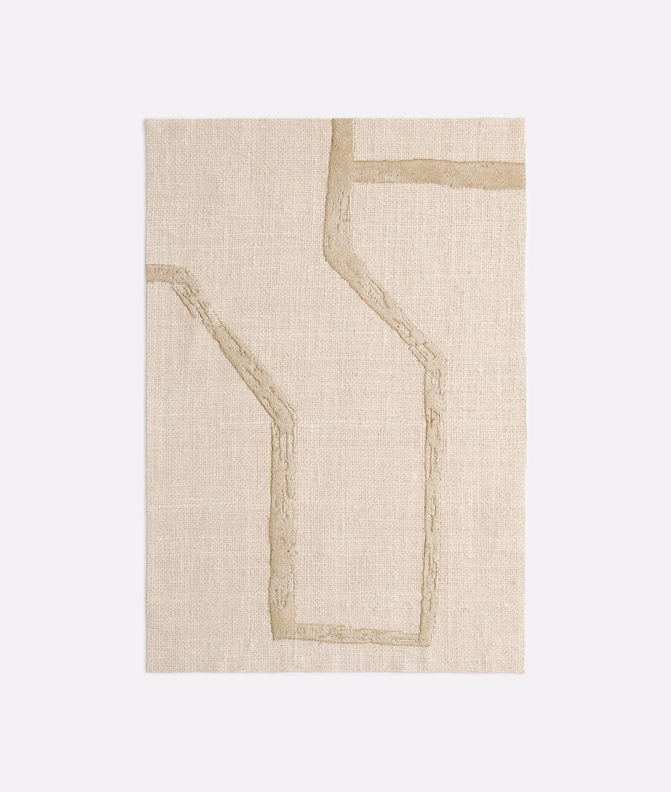 Warm pale beige textile with taupe outlined geometric blocks and fine woven texture