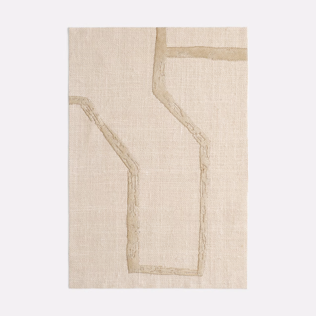 Warm pale beige textile with taupe outlined geometric blocks and fine woven texture