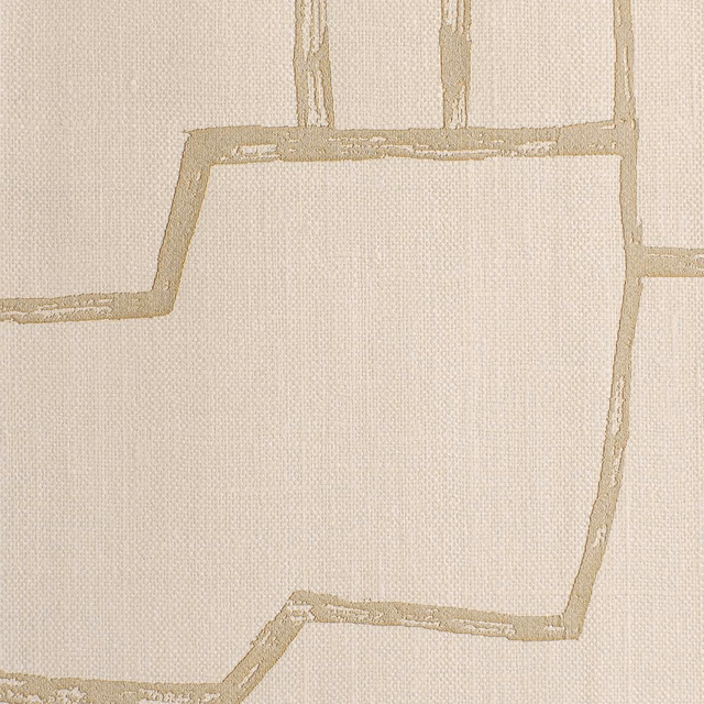 Warm beige woven fabric with large weathered clay geometric outline motifs