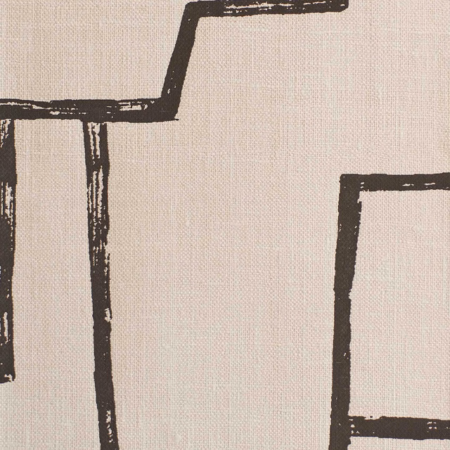 Warm mud-beige fabric with charcoal hand-drawn geometric outlines and fine weave