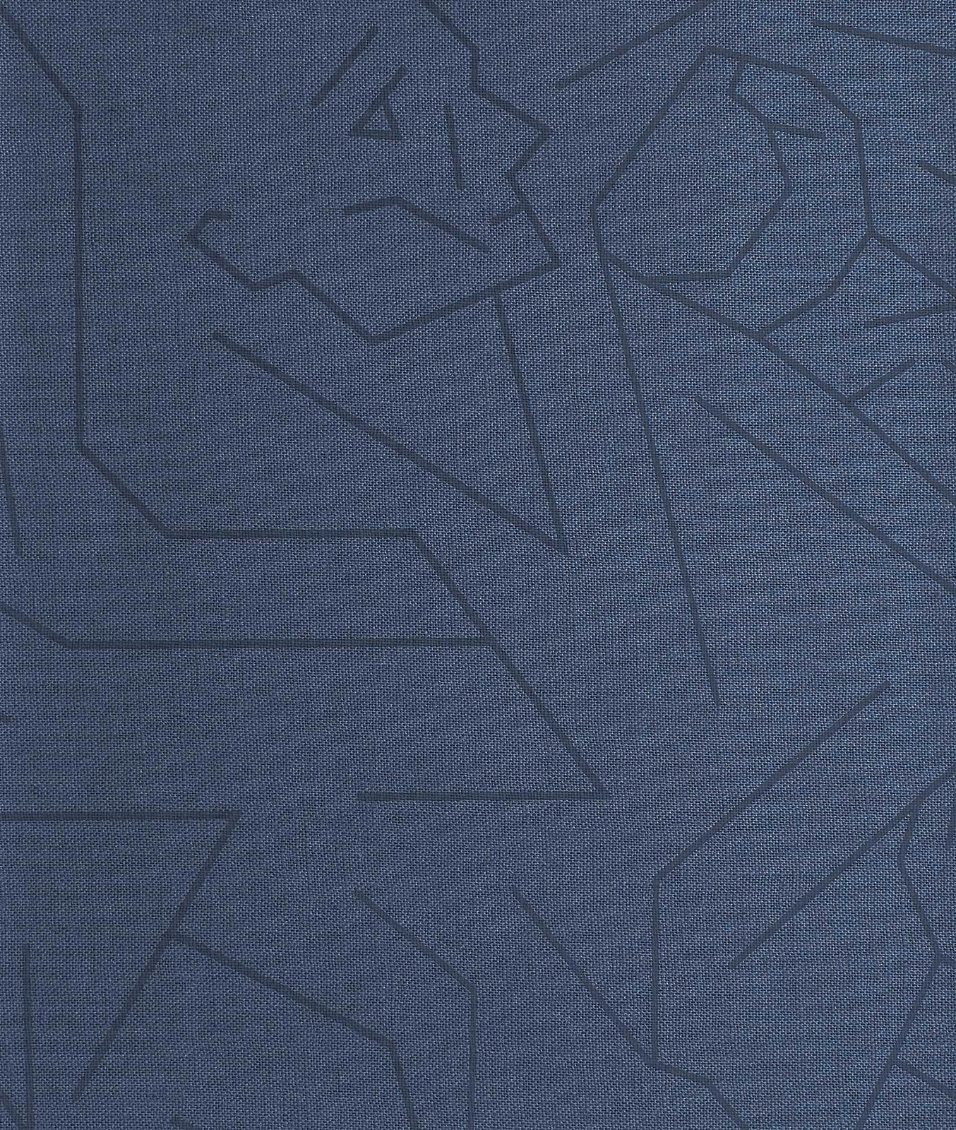 Muted denim-blue fabric with fine texture and dark abstract angular linework