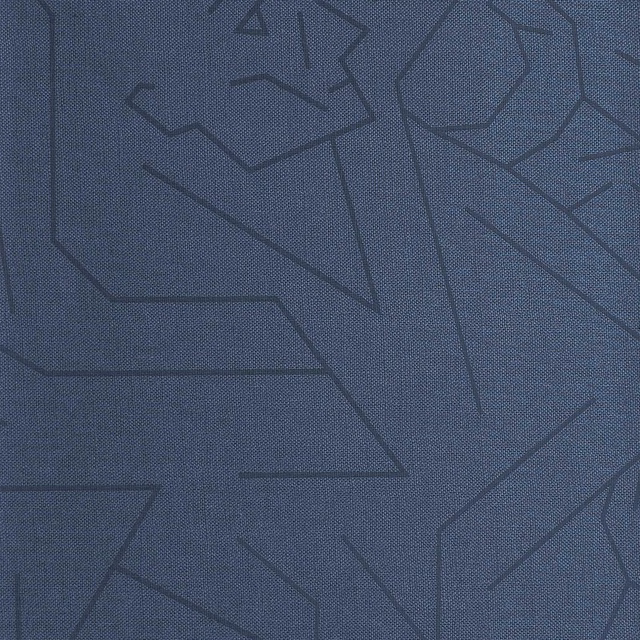 Muted denim-blue fabric with fine texture and dark abstract angular linework