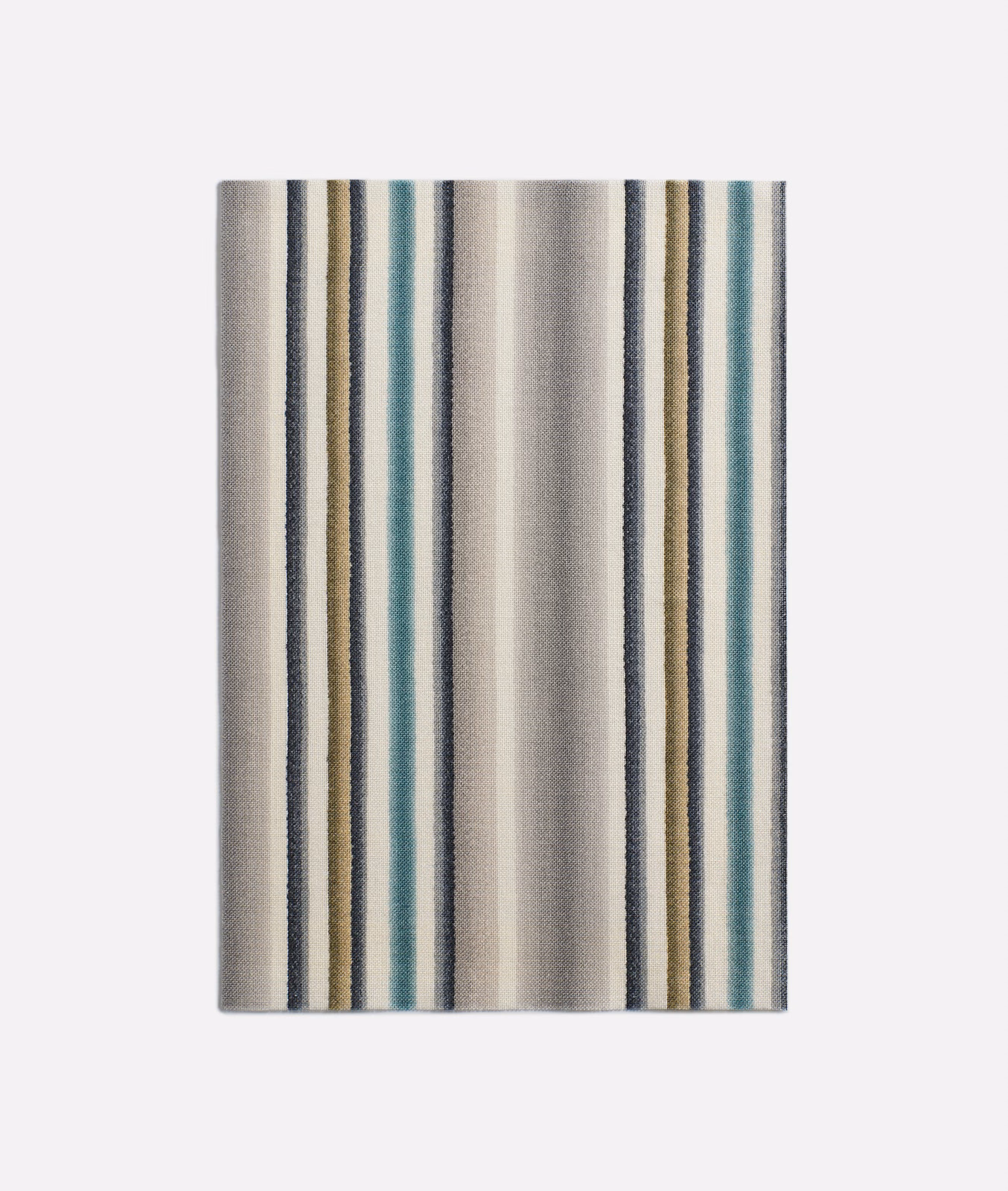 Cool silver-grey striped fabric with teal, cream and olive vertical bands