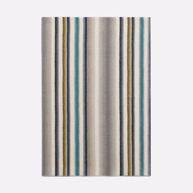 Cool silver-grey striped fabric with teal, cream and olive vertical bands