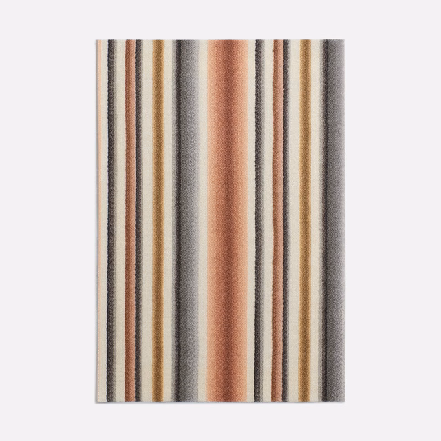 Vertical printed stripes in warm terracotta, charcoal, cream and tobacco tones