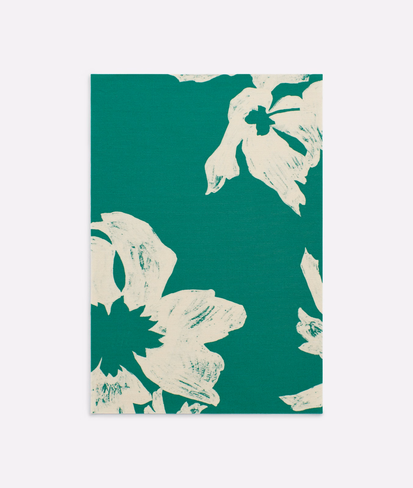 Vivid teal fabric with oversized off-white, brush-textured botanical flowers