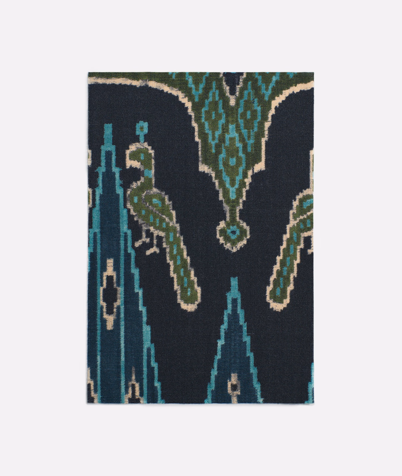 Deep indigo textile with turquoise Persian motifs and olive, ivory accents