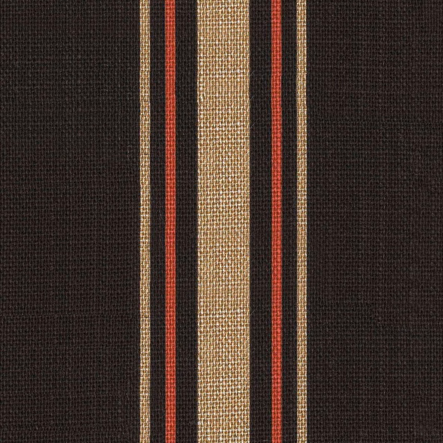 Near-black brown striped textile with ochre centre band, red lines and visible grid weave.