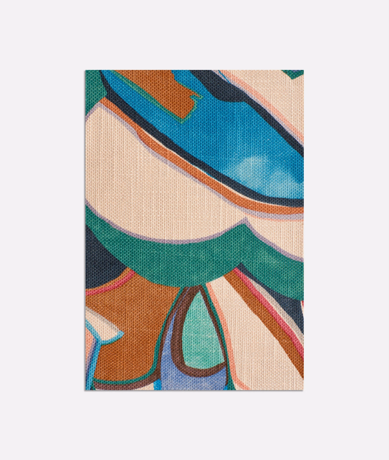 Teal, cream, rust and pink abstract floral forms printed on a fine woven fabric