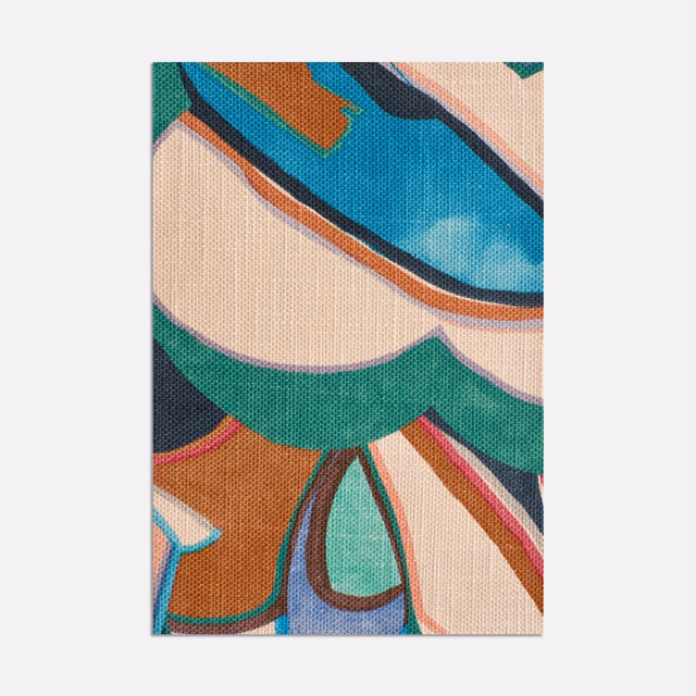 Teal, cream, rust and pink abstract floral forms printed on a fine woven fabric