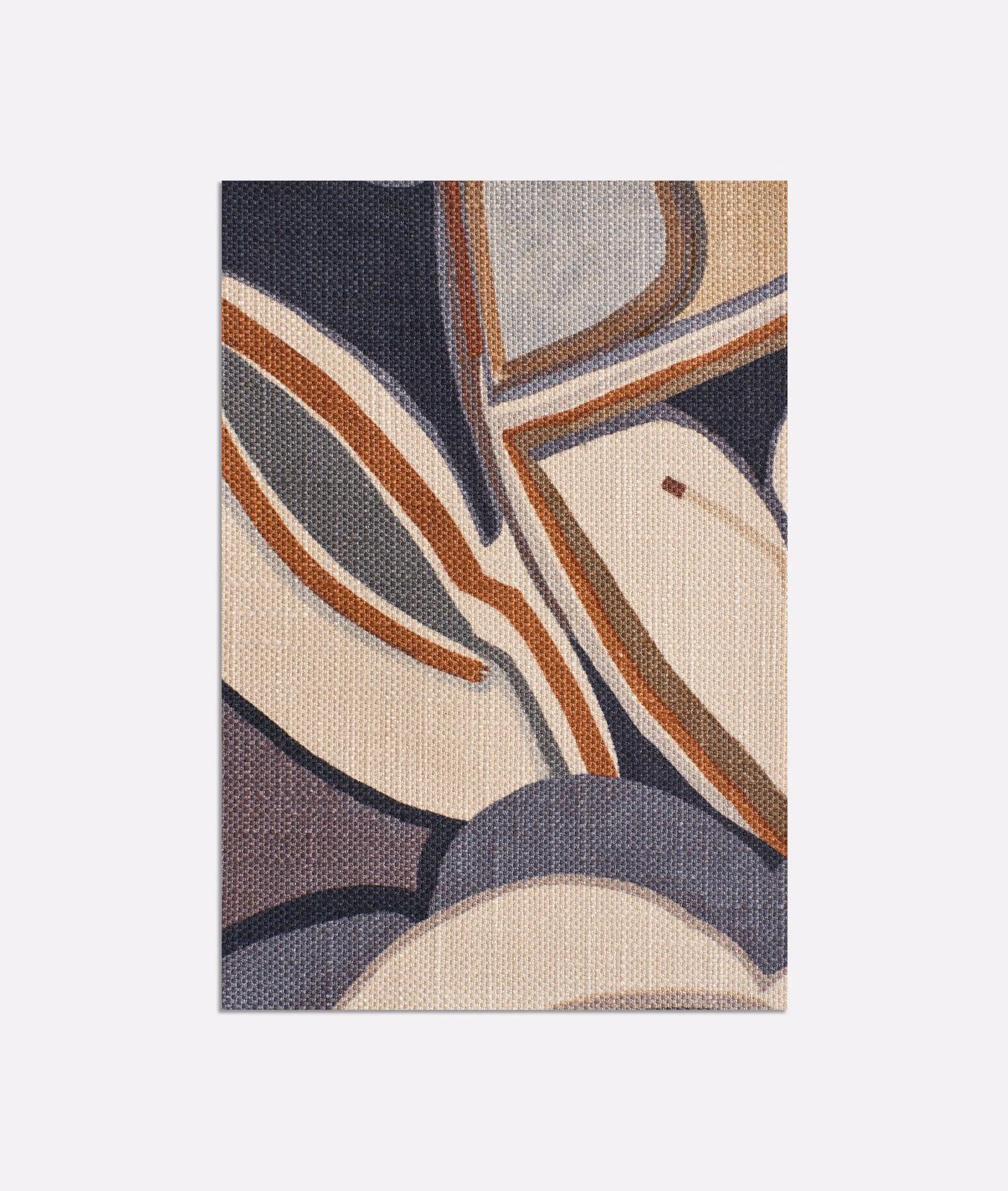 Cream textile with charcoal abstract curves and terracotta-rust linear accents