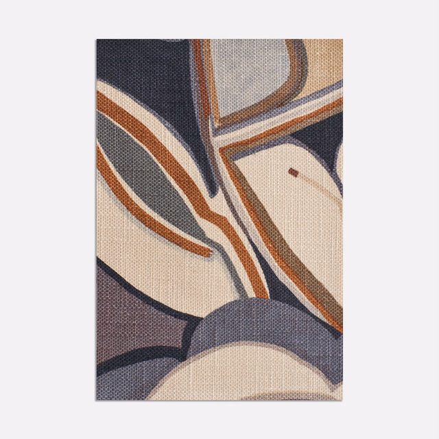 Cream textile with charcoal abstract curves and terracotta-rust linear accents