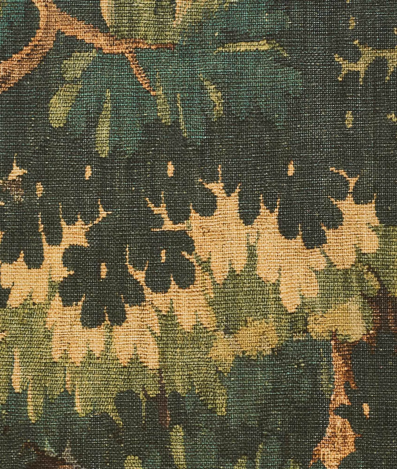 Dark forest-green printed weave with cream foliage, ochre leaves and rust accents