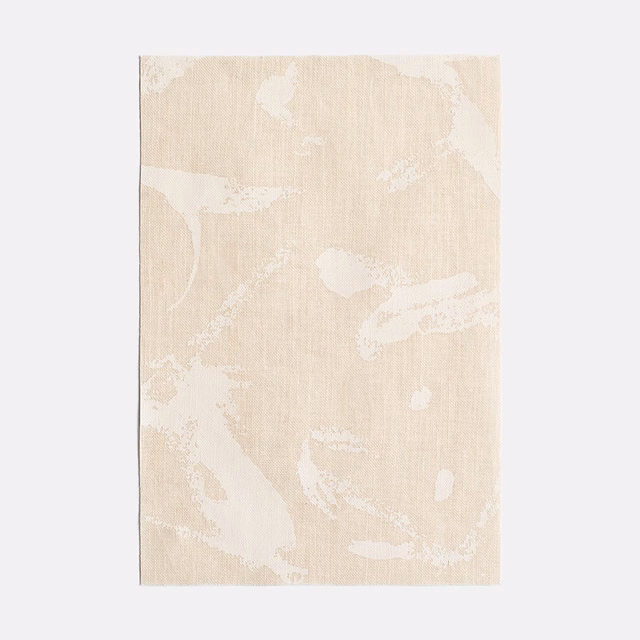 Warm ivory-beige printed fabric with white abstract brush marks and fine vertical weave
