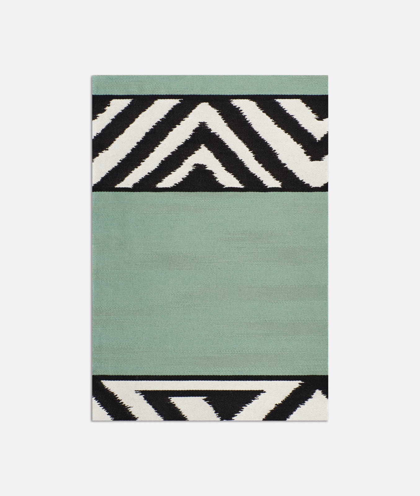 Aqua-green textile with black-and-ivory chevron bands and fine horizontal texture