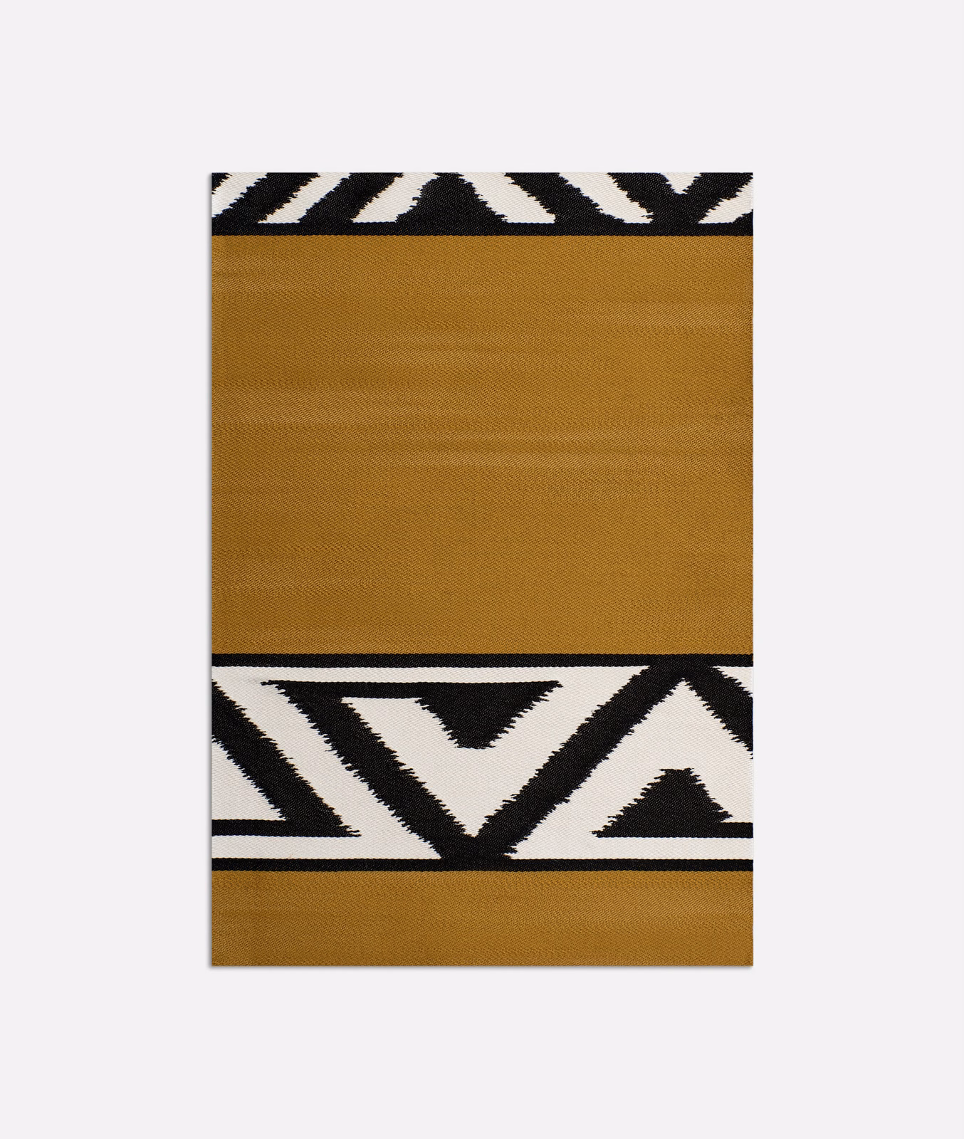 Warm ochre woven swatch with black-and-ivory angular geometric border bands