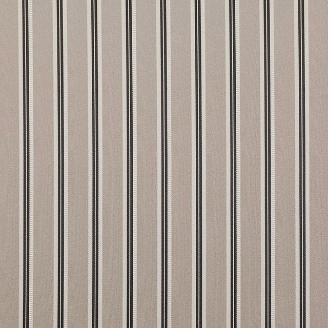 Silver-taupe satin weave with narrow black vertical stripes and a subtle sheen