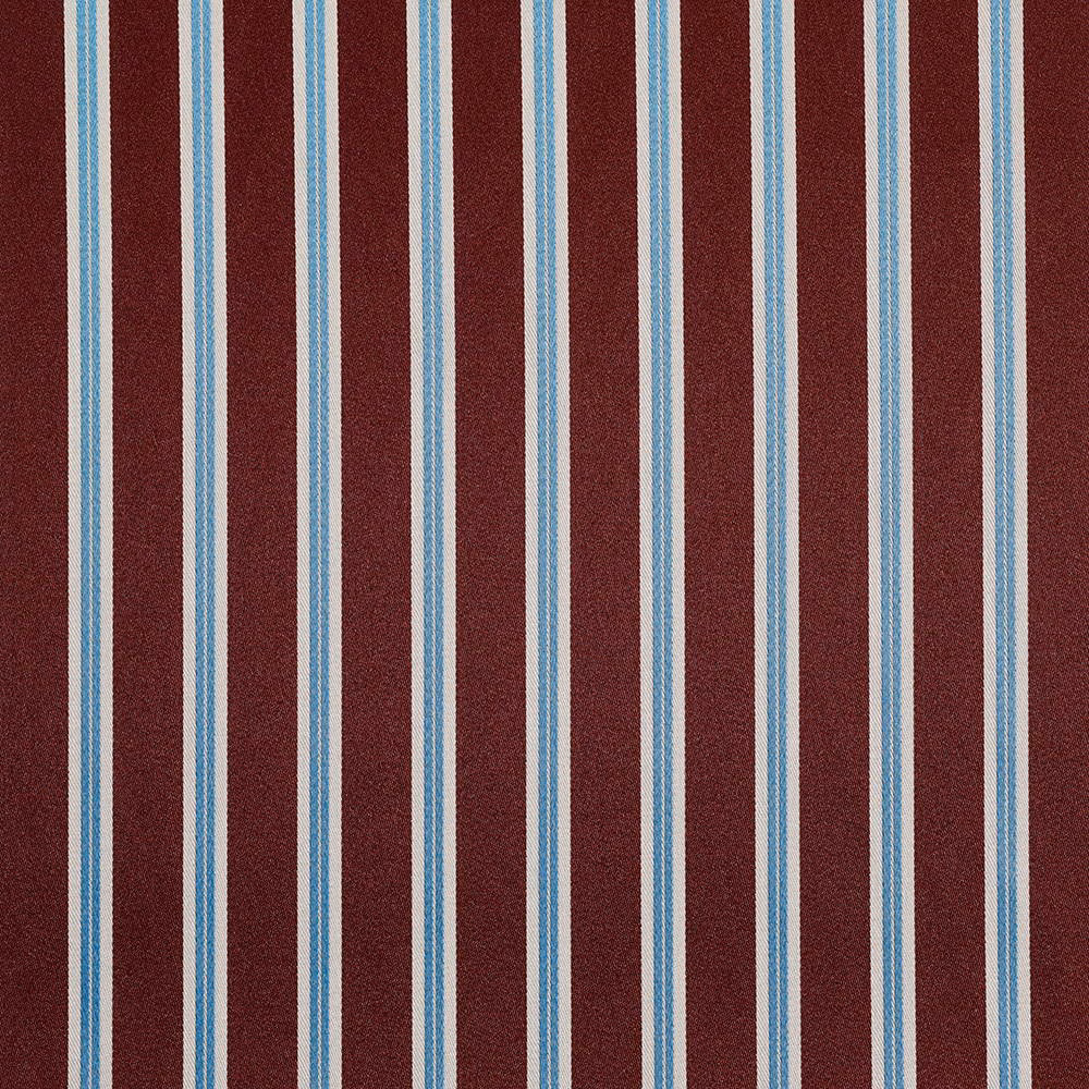 Deep Bordeaux red fabric with alternating cream and pale blue vertical stripes