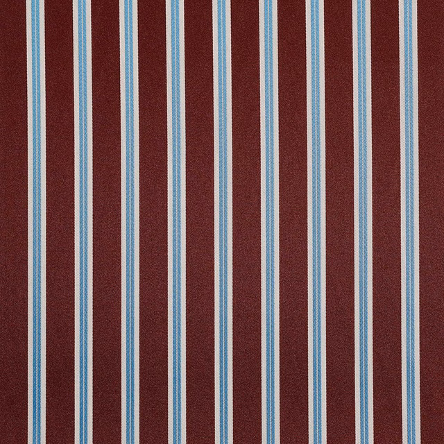 Deep Bordeaux red fabric with alternating cream and pale blue vertical stripes
