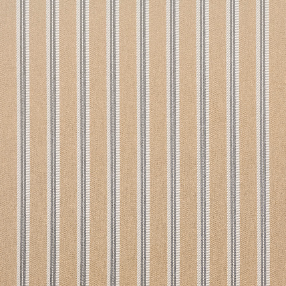 Sand beige woven fabric with fine grey vertical stripes and subtle textured grain