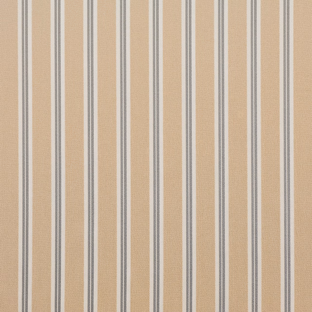 Sand beige woven fabric with fine grey vertical stripes and subtle textured grain