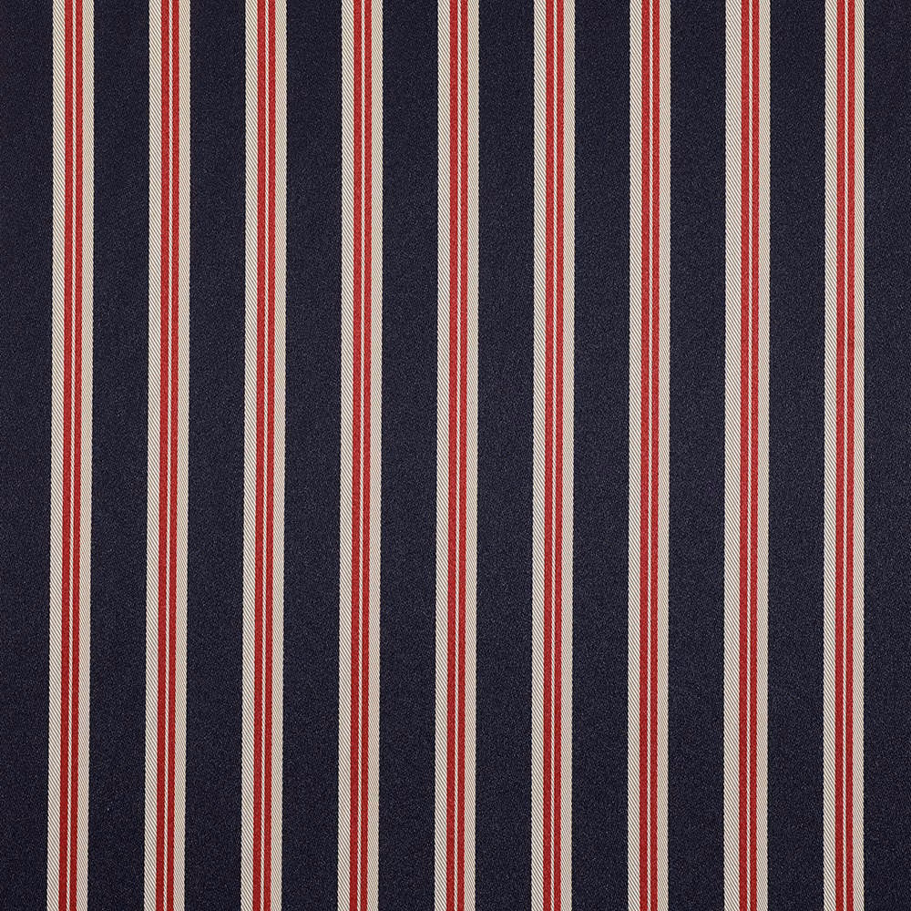Deep navy woven textile with slim cream and red vertical stripes