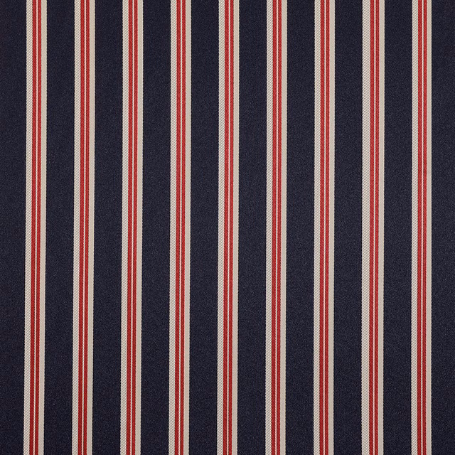 Deep navy woven textile with slim cream and red vertical stripes
