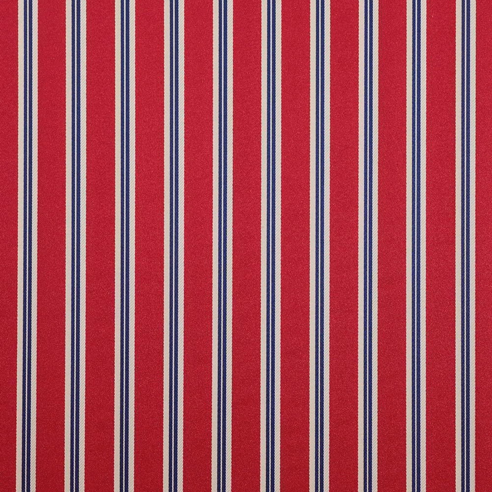 Saturated ruby red fabric with narrow navy and cream vertical stripes