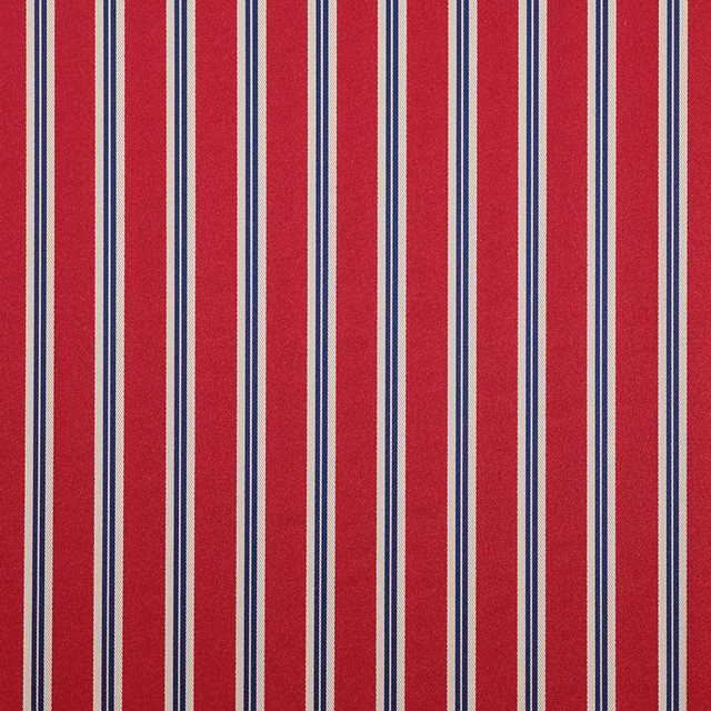 Saturated ruby red fabric with narrow navy and cream vertical stripes