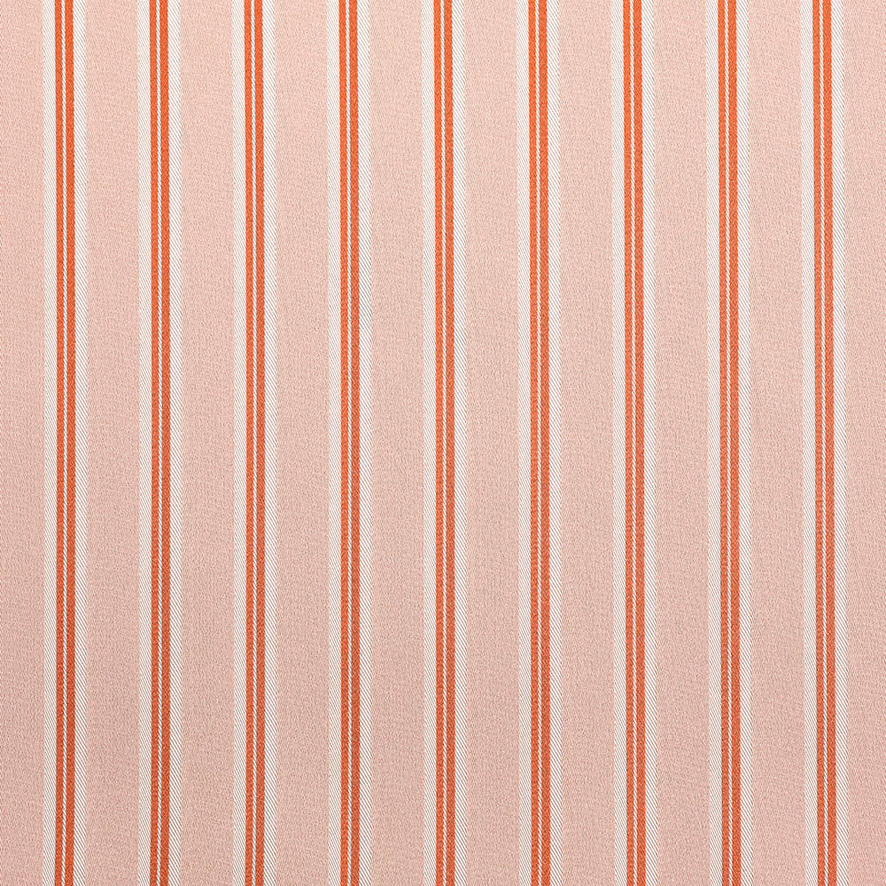 Dusty sorbet-pink fabric with fine vertical terracotta and white stripes