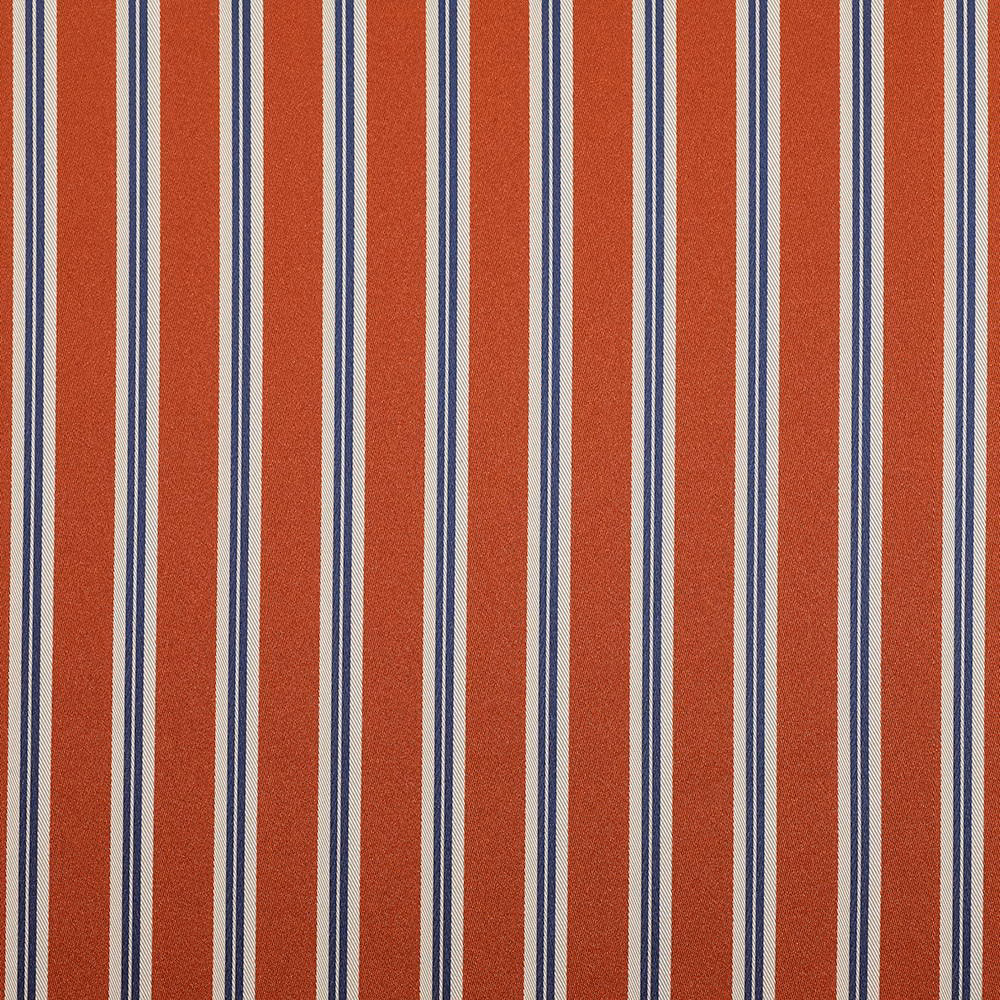 Tomato-red woven fabric with repeating cream and navy vertical stripes