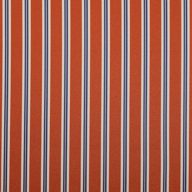 Tomato-red woven fabric with repeating cream and navy vertical stripes
