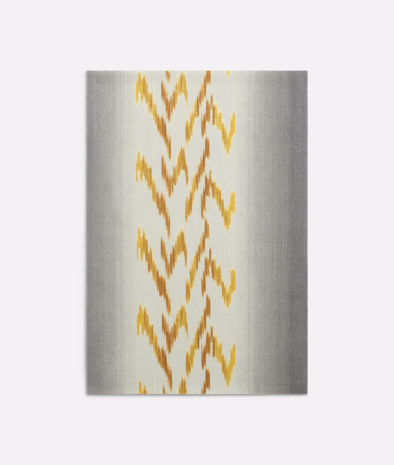Silver-grey satin swatch with ivory ground and vertical ochre-gold ikat motifs
