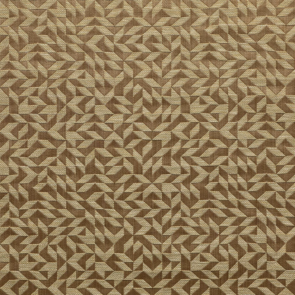 Close-up of copper-brown woven satin with dense taupe angular chevrons