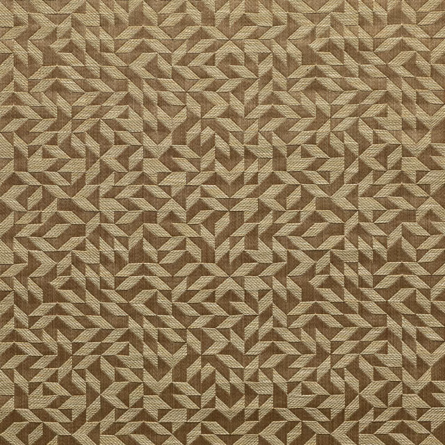 Close-up of copper-brown woven satin with dense taupe angular chevrons