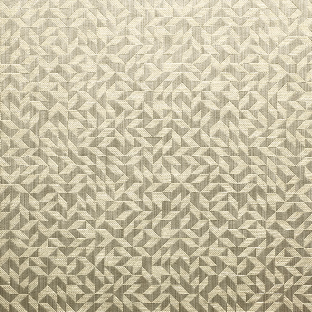 Pale nacre greige textile with dense interlocking chevron geometry and fine woven texture
