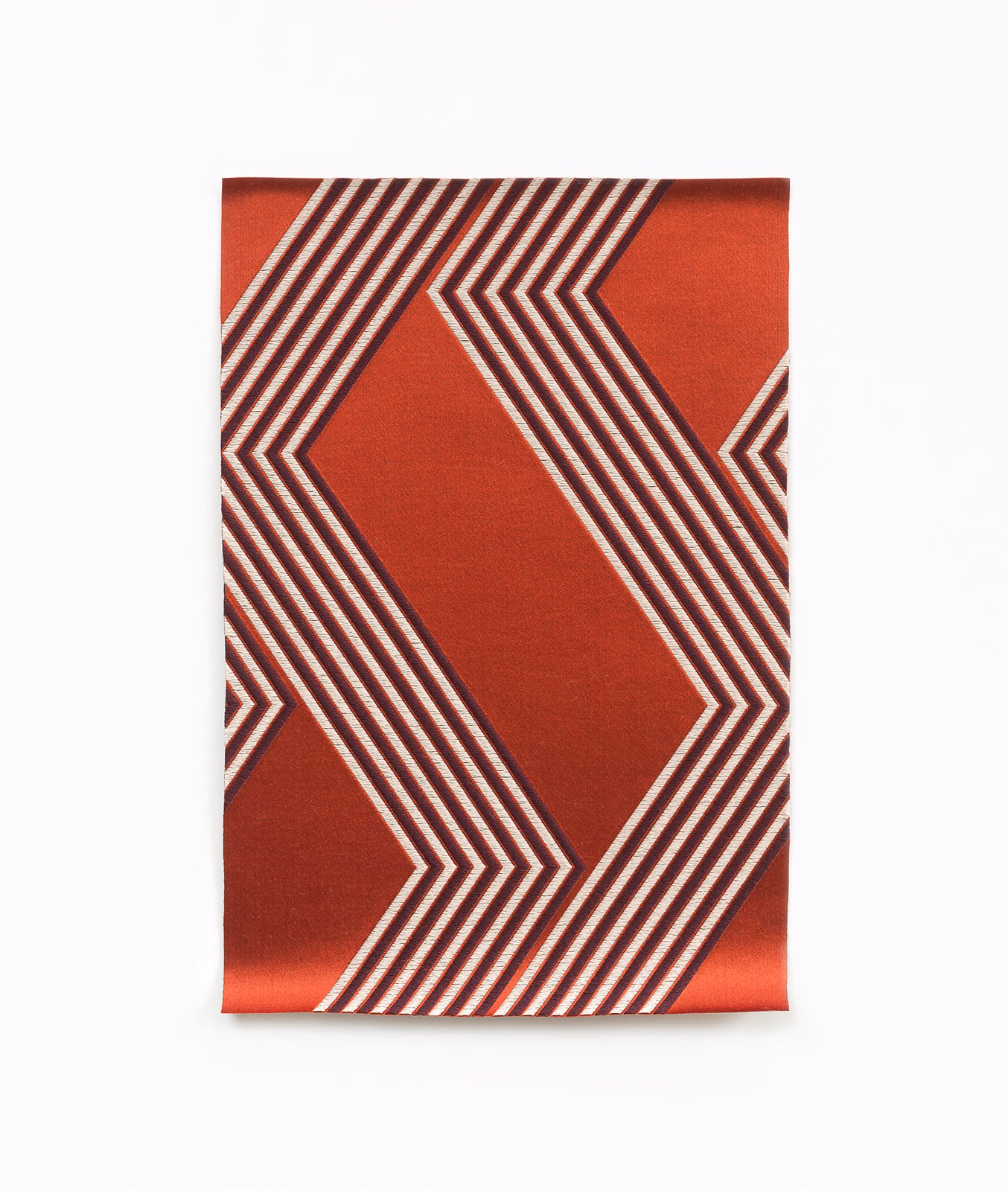 Deep coral satin with cream and dark geometric chevron stripes