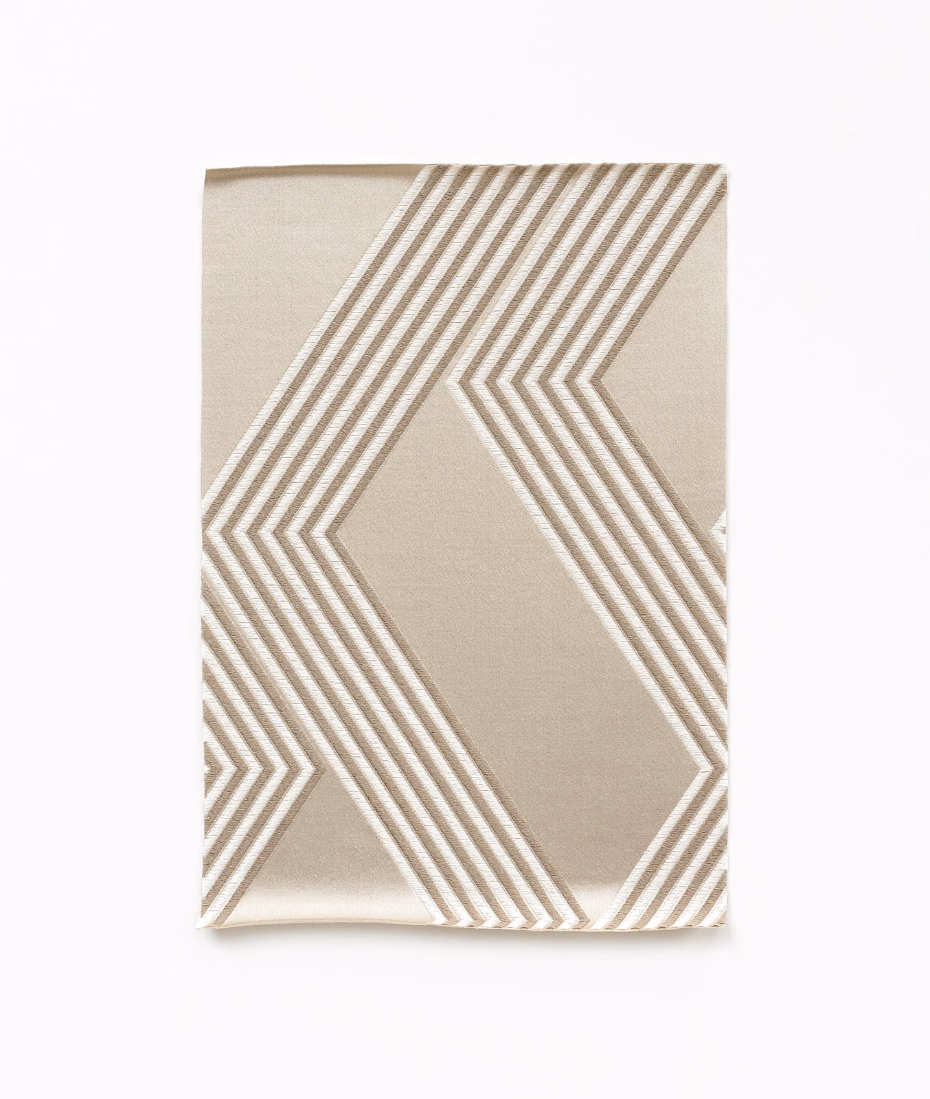 Warm ivory satin with taupe angular chevron bands and fine linear stripes