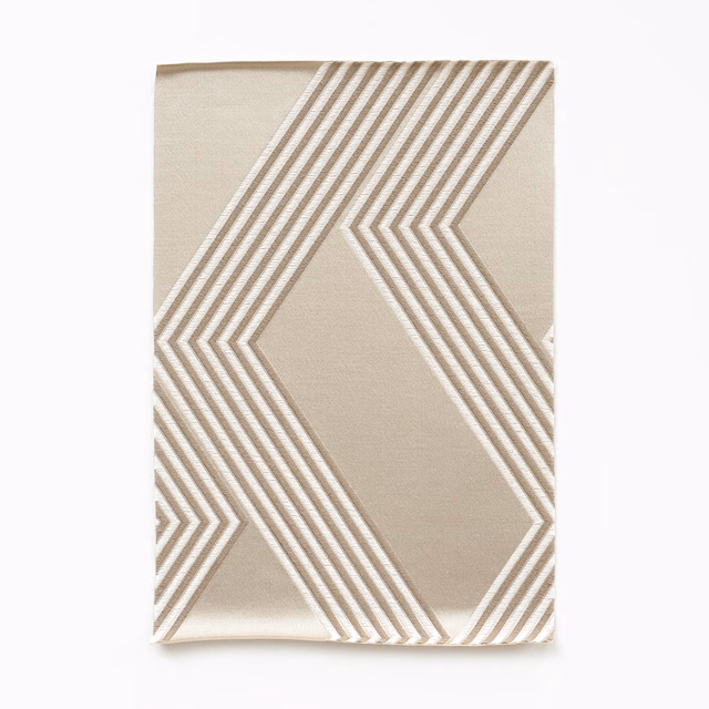 Warm ivory satin with taupe angular chevron bands and fine linear stripes