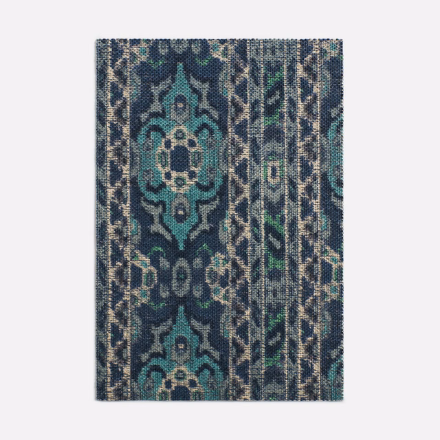 Deep indigo woven swatch with teal medallions, charcoal ground and ornamental vertical stripes