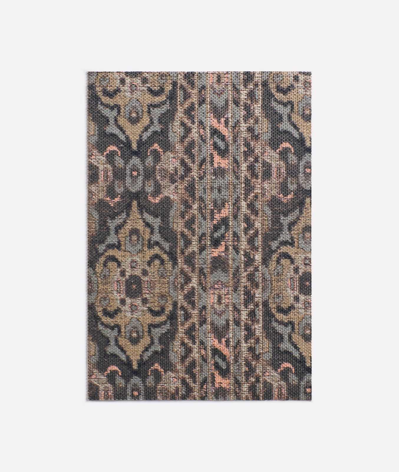Charcoal woven fabric with taupe medallions and muted blush vertical ornament