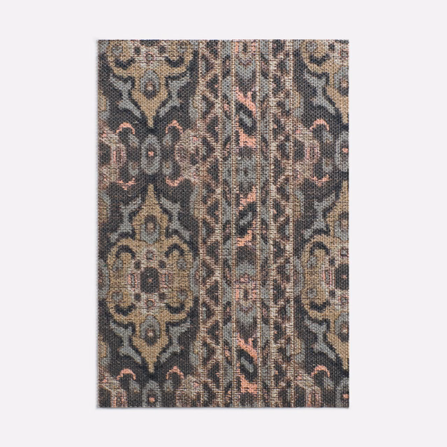 Charcoal woven fabric with taupe medallions and muted blush vertical ornament