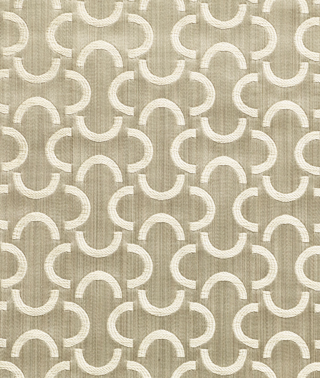 Pale greige woven fabric with ivory curved motifs and fine vertical texture