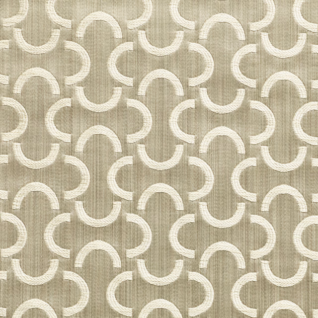 Pale greige woven fabric with ivory curved motifs and fine vertical texture