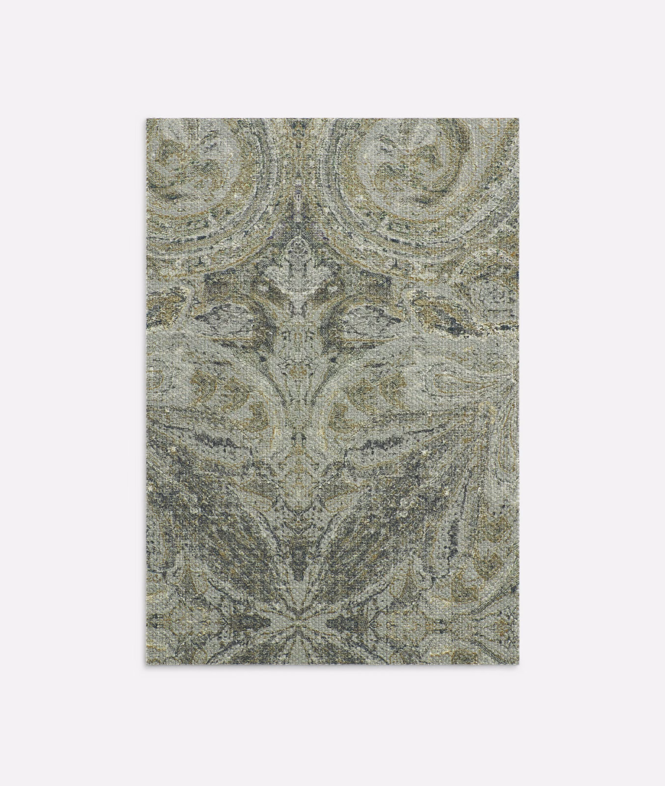 Muted olive-grey paisley with softly lustrous satin weave and charcoal detailing