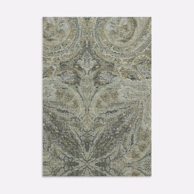 Muted olive-grey paisley with softly lustrous satin weave and charcoal detailing