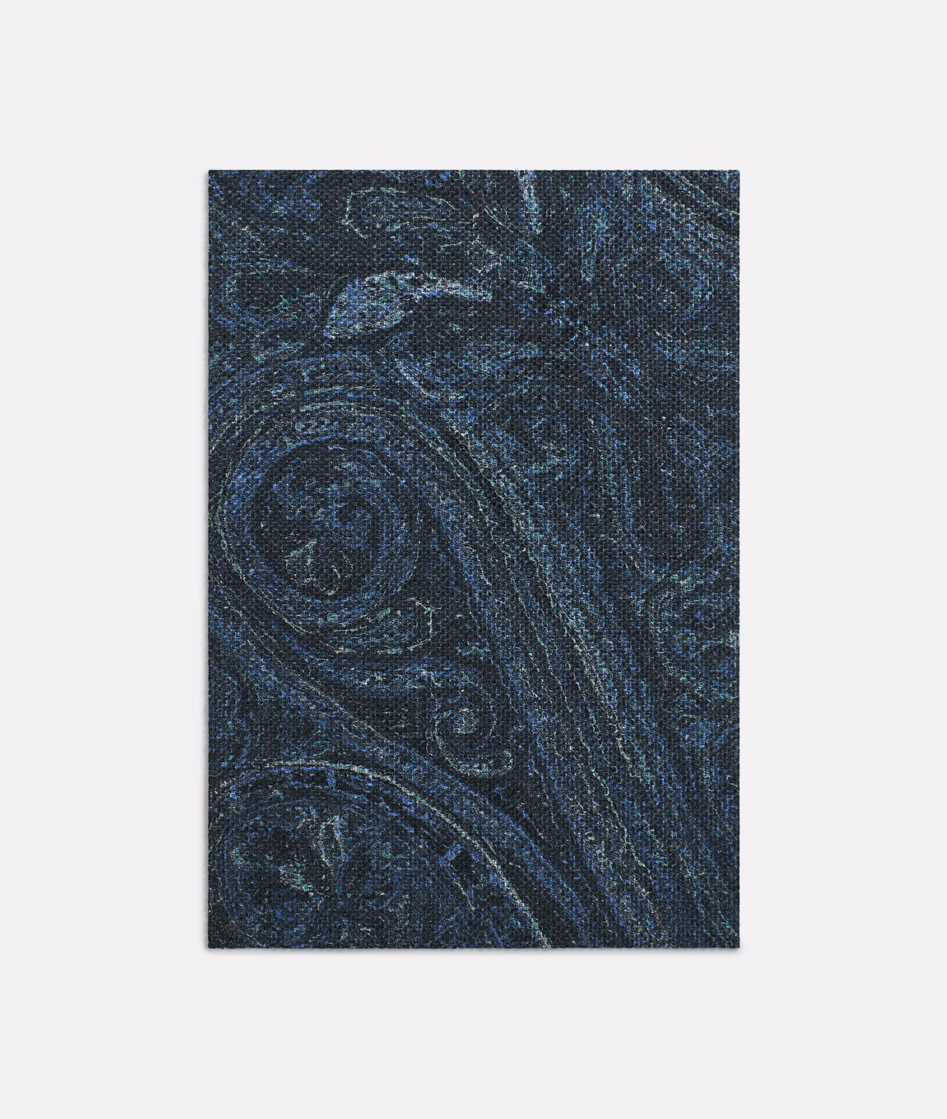 Deep indigo woven satin with blue-black paisley curls and subtle surface sheen