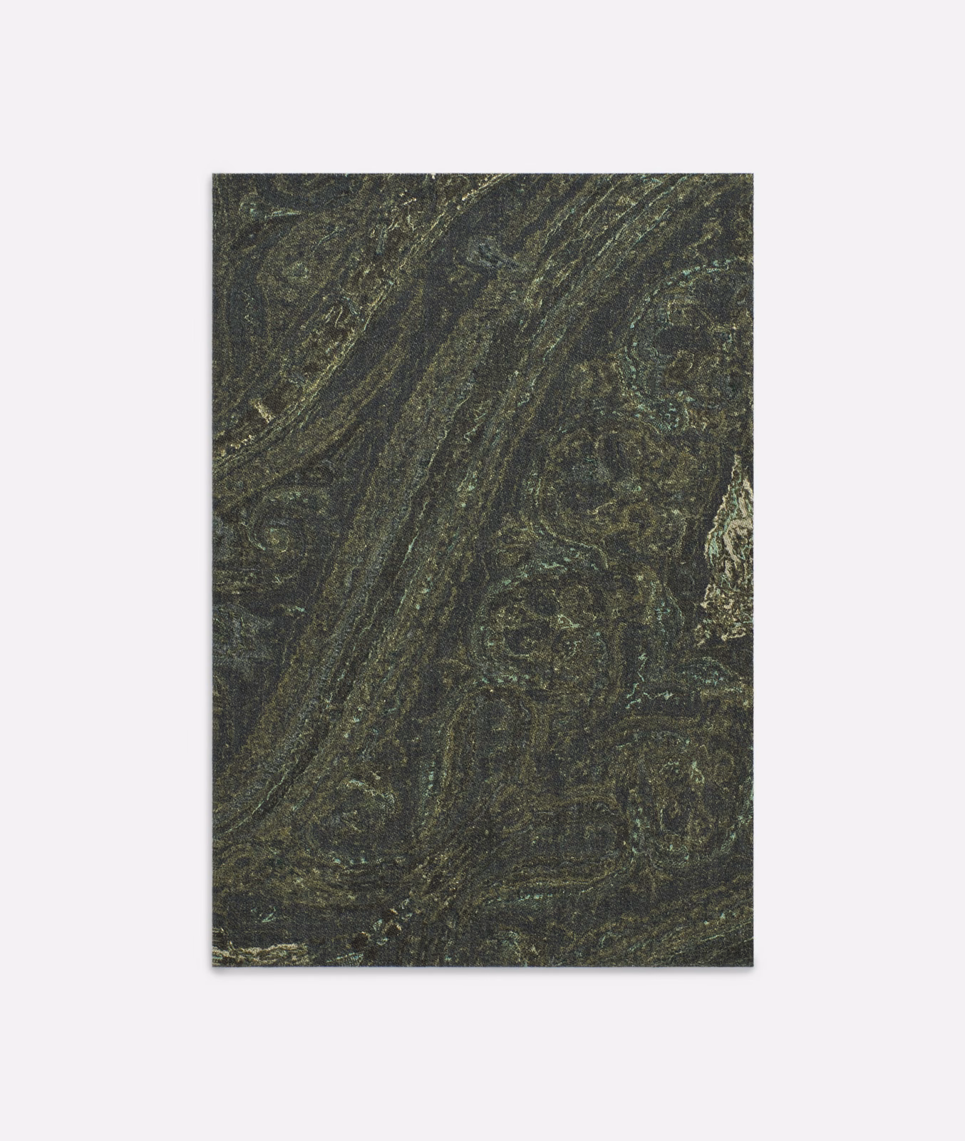 Dark olive satin-look paisley with curling motifs and subtle green-gold sheen